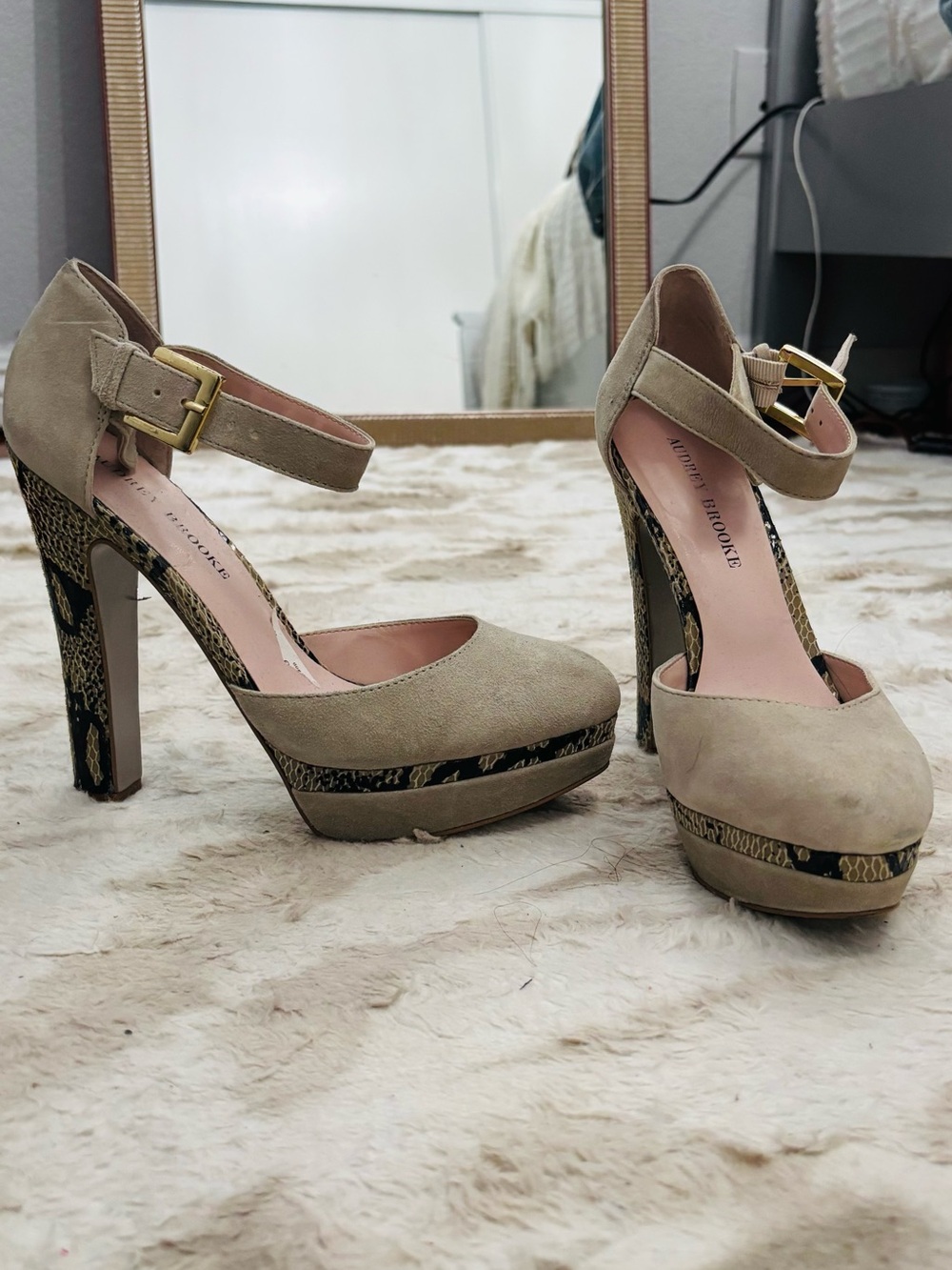 Audrey Brooke Beige Suede Platform Ankle-Strap Heels with Snake-Print Trim